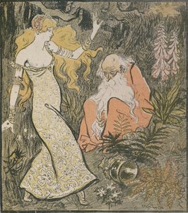 ジャンロレーヌ（1855-1906年）の戯曲「ブロセリアンド」からのブロセリアンドの森のエンチャンターマーリンと妖精ビビアン 作： Théophile Alexandre Steinlen